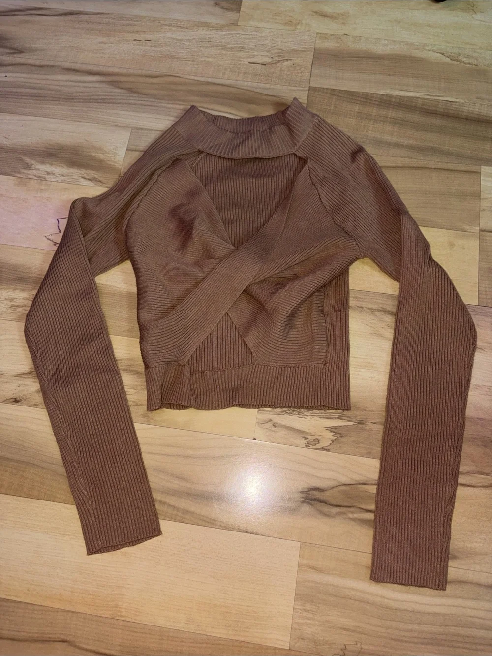Almost Famous Brown Ribbed Wrap Long Sleeve Top